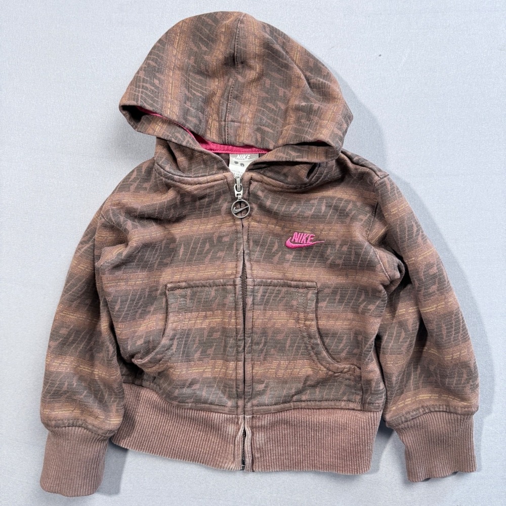 Nike All Over Print Zip Up Hoodie Brown Pink‎ Girls Kids Size 2T